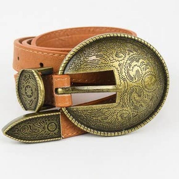 Oval Embossed Vintage Look Buckle Western Belt Camel Brown - Picture 2 of 2